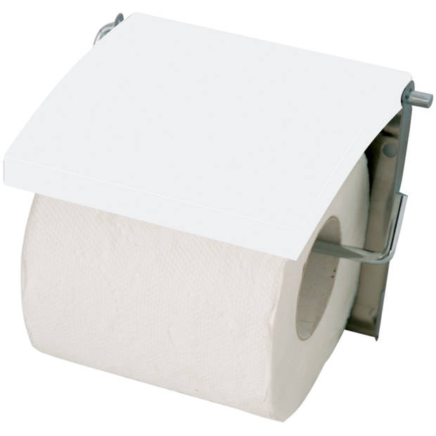 MSV Toiletrolhouder wand/muur - metaal en MDF hout klepje - ivoor wit - Toiletrolhouders