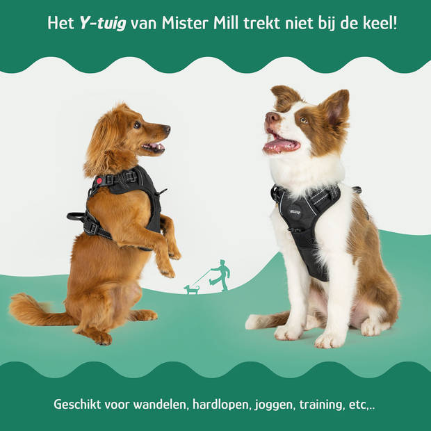 Mister Mill Hondentuigje 3x Klikgesp Maat M Zwart - Anti-Trek Tuig Hondenharnas - Y Tuig Hond Reflecterend