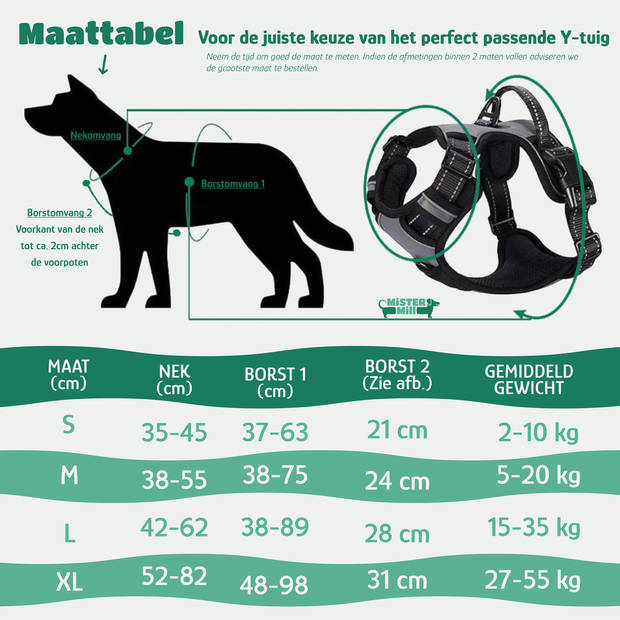 Mister Mill Hondentuigje 3x Klikgesp Maat S Zwart - Anti-Trek Tuig Hondenharnas - Y Tuig Hond Reflecterend