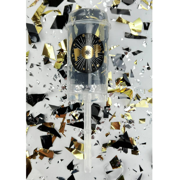 Nieuwjaar push-up popper New Year push pop confetti popper - zwart, Zilver, goud - 5 x 5 x 18 cm - 4 Stuks