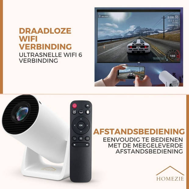 Homezie Beamer Vernieuwde tripod WiFi, HDMI, Bluetooth 4K support Android 11 Projector