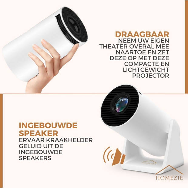 Homezie Beamer Vernieuwde tripod WiFi, HDMI, Bluetooth 4K support Android 11 Projector