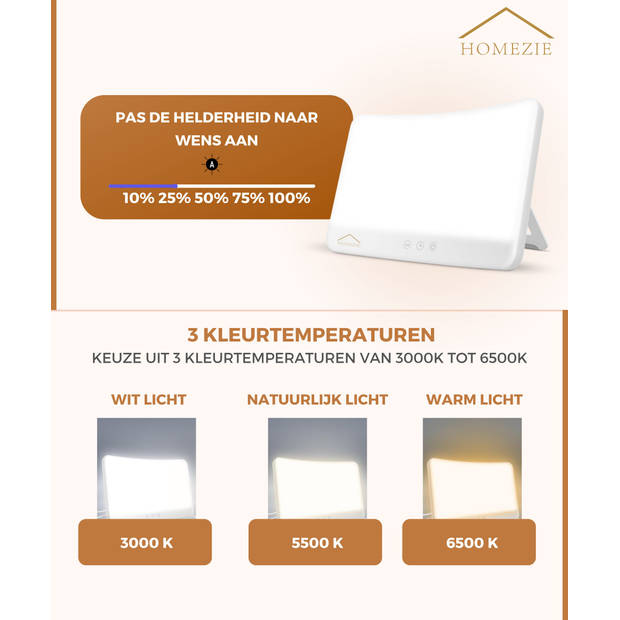 Homezie Daglichtlamp - Ingebouwde timer - 10.000 Lux - Lichttherapie Lamp - 3 kleuropties