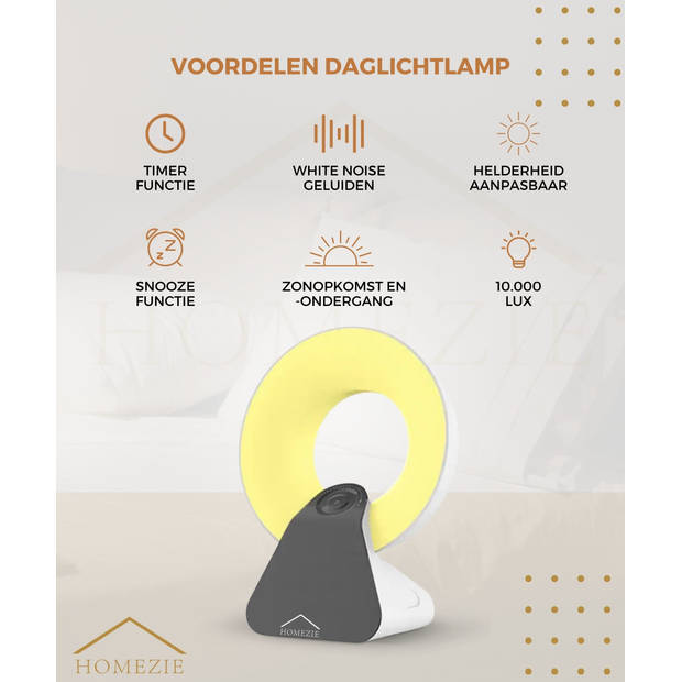 Homezie Daglichtlamp - Wake up light - White noise machine - 10.000 Lux - Lichttherapie Lamp - Timers