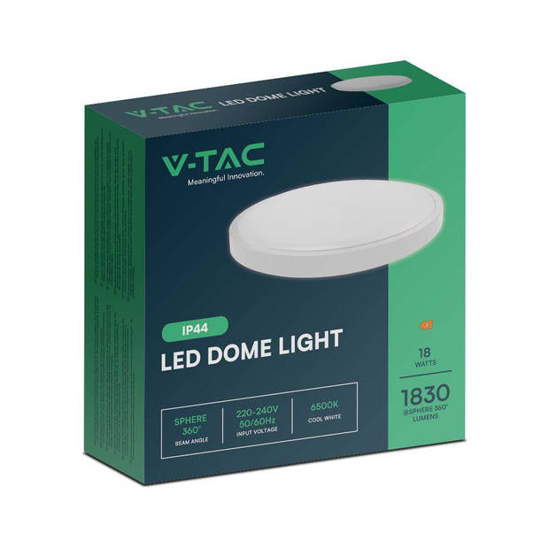 V-TAC VT-8618W-RD LED ronde plafonnière - 225mm - IP44 - Wit - 18W - 1800 Lumen - 6500K