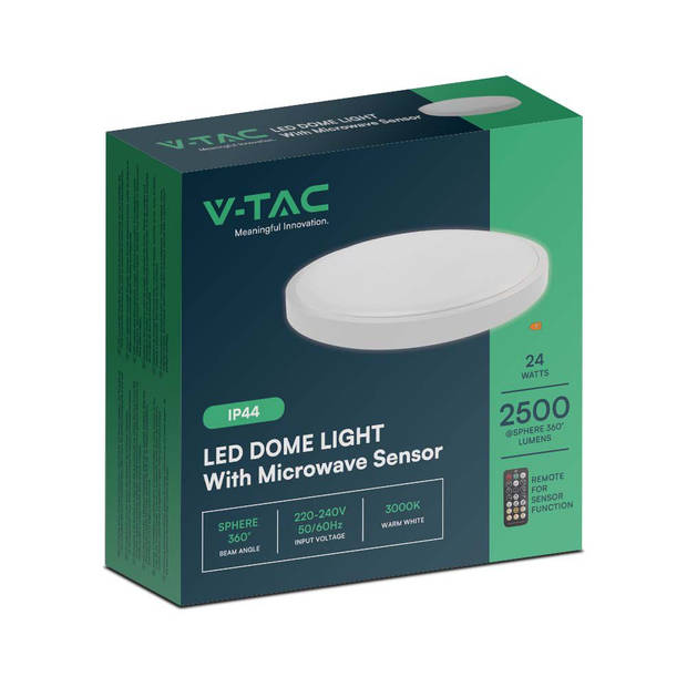 V-TAC VT-8624S-W-RD LED ronde plafonnière met sensor - 295mm - IP44 - Wit - 24W - 2500 Lumen - 6500K