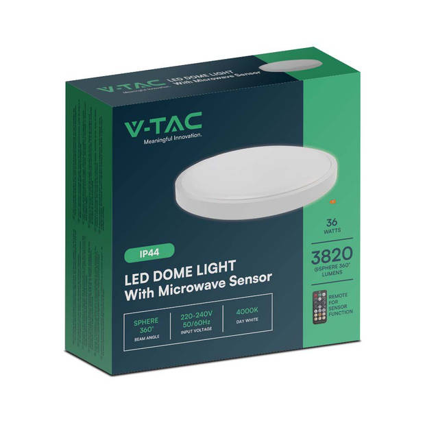 V-TAC VT-8630S-W-RD LED ronde plafonnière met sensor - 420mm - IP44 - Wit - 36W - 3820 Lumen - 4000K