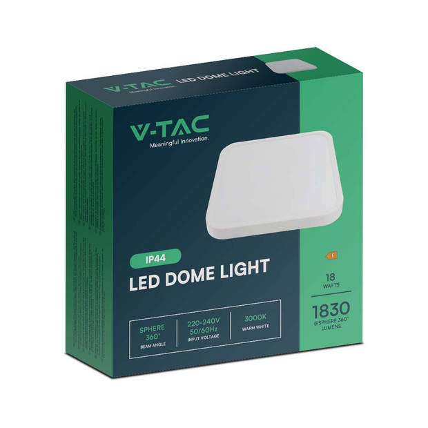V-TAC VT-8618W-SQ LED vierkante plafonnière - 225mm - IP44 - Wit - 18W - 1800 Lumen - 3000K