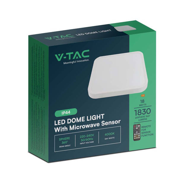 V-TAC VT-8630SW-SQ-N LED-koepellampen - Vierkante koepellampen - Sensor - IP44 - Wit - 36 Watt - 3820 Lumen - 4000K