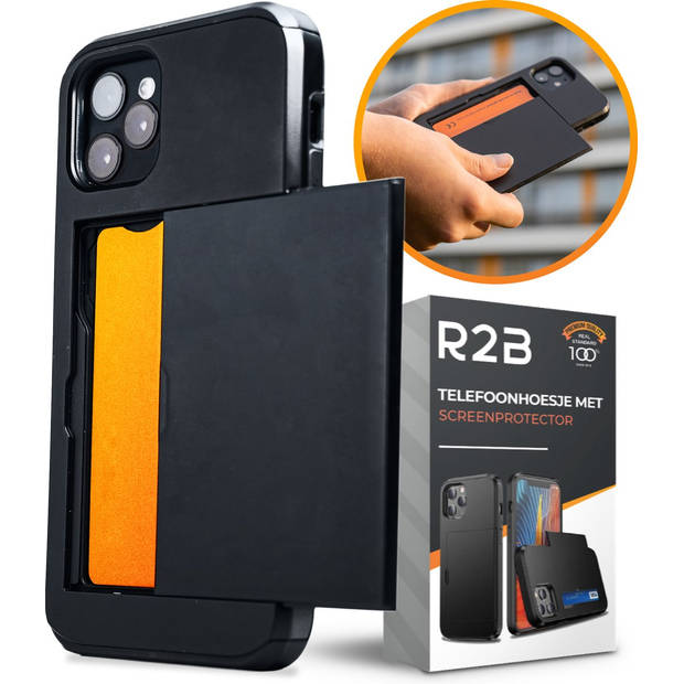 R2B hoesje met pasjeshouder geschikt voor iPhone 15 Pro - Model "Utrecht" - Inclusief screenprotector - Zwart