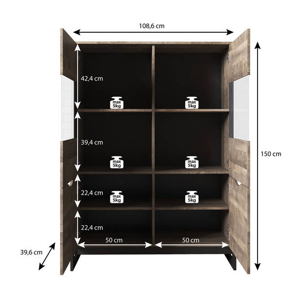 Meubella Vitrinekast Acasia - Grijs - Eiken - 108 cm