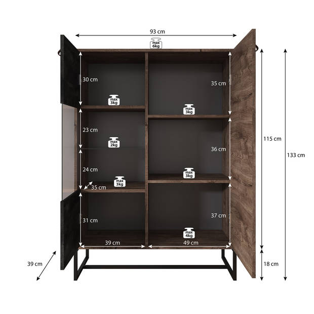 Meubella Vitrinekast Dust - Eiken - Zwart - 93 cm