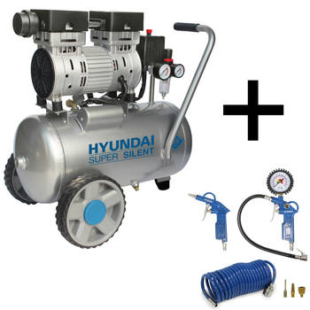 Hyundai stille 59dB compressor 24 liter - 8 BAR olievrij Low Noise- Incl. 6-delige accessoireset