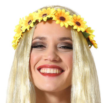 Atosa Verkleed haarband met bloemen - geel - meisjes/dames - Hippie/Flower Power - Verkleedhaardecoratie