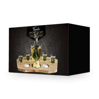 Tequila Decanter Set – Complete Set – Incl. 4 Shotglazen en Houten Plateau - 840 ml - Tequila Karaf - Original