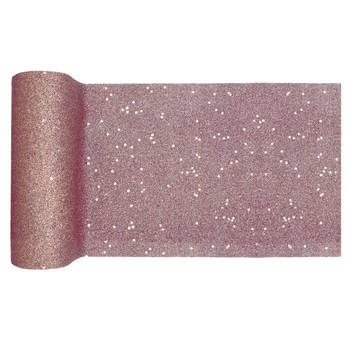 Santex Kerst tafelloper op rol - rose goud glitter - 18 x 500 cm - polyester - Tafellakens