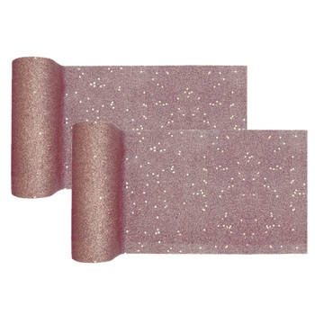 Santex Tafelloper op rol - 2x - rose goud glitter - 18 x 500 cm - polyester - Feesttafelkleden
