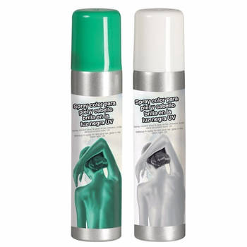 Guirca Haarspray/bodypaint spray - 2x kleuren - wit en groen - 75 ml - Verkleedhaarkleuring