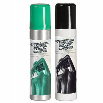 Guirca Haarspray/bodypaint spray - 2x kleuren - groen en zwart - 75 ml - Verkleedhaarkleuring