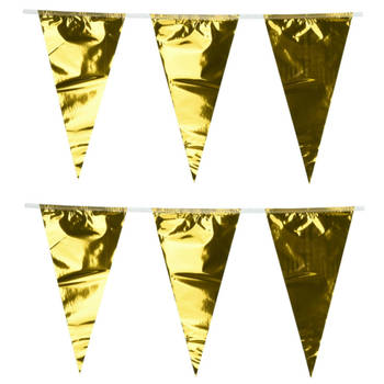 Party Vlaggenlijn - 2x - binnen/buiten - plastic - metallic goud - 6 m - 25 vlaggetjes - Vlaggenlijnen