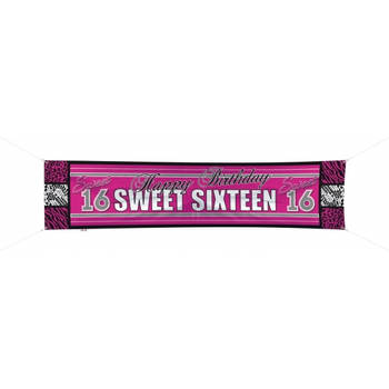Sweet 16 verjaardag thema spandoek - roze/zwart - 180 x 40cm - 16e verjaardag versiering - Feestbanieren