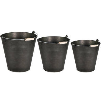 Emmer/plantenpot/bloempot - set van 3x stuks - zink - zwart - Emmers