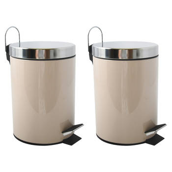 MSV Prullenbak/pedaalemmer - 2x - metaal - beige - 3 liter - 17 x 25 cm - Badkamer/toilet - Pedaalemmers