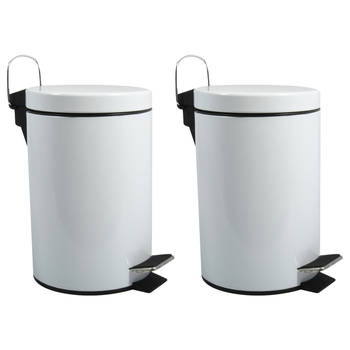 MSV Prullenbak/pedaalemmer - 2x - metaal - wit - 3 liter - 17 x 25 cm - Badkamer/toilet - Pedaalemmers