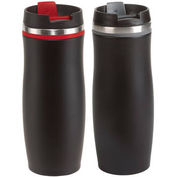2x stuks isoleer/warmhoudbekers zwart/grijs en zwart/rood 400 ml - Thermosbeker