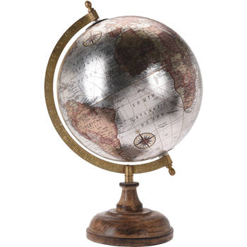 Decoratie wereldbol/globe creme metallic op houten voet D20 x H33 cm - Wereldbollen