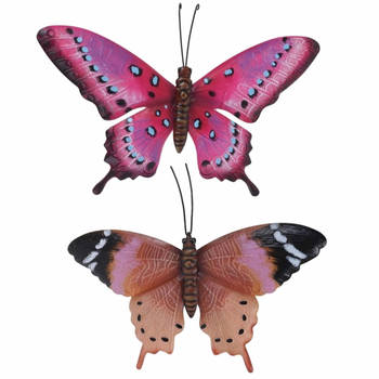 Set van 2x stuks tuindecoratie muur/wand vlinders van metaal in roze en bruin tinten 44 x 31 cm - Tuinbeelden