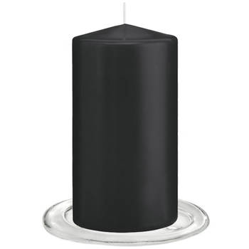 Trend Candles - Stompkaarsen met glazen onderzetters set van 2x stuks - zwart 8 x 15 cm - Stompkaarsen