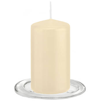 Trend Candles - Stompkaarsen met glazen onderzetters set van 2x stuks - creme wit 6 x 12 cm - Stompkaarsen