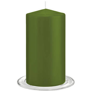 Trend Candles - Stompkaarsen met glazen onderzetters set van 2x stuks - olijfgroen 8 x 15 cm - Stompkaarsen