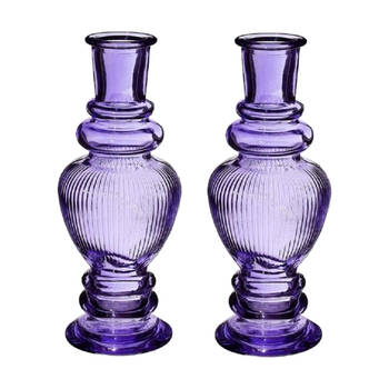 Kaarsen kandelaar Venice - 2x - gekleurd glas - ribbel paars - D5,7 x H15 cm - kaars kandelaars