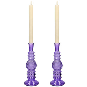 Kaarsen kandelaar Florence - 2x - paars glas - ribbel - D8,5 x H23 cm - kaars kandelaars