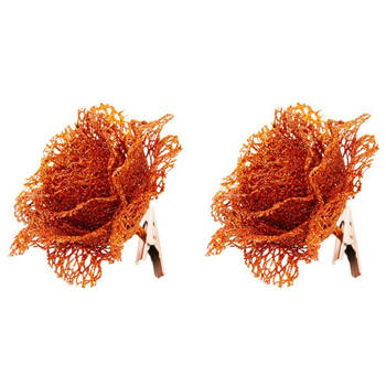 2x Glitter bloemen op clip oranje 10 cm feestversiering - Kunstbloemen