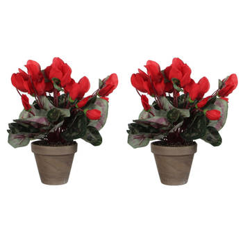 2x stuks cyclaam kunstplanten rood in keramieken pot H30 x D30 cm - Kunstplanten