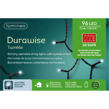 LED Durawise twinkle buitenverlichting op batterij helder wit 96 lampjes - Kerstverlichting kerstboom