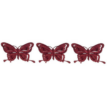 3x Kerstversieringen vlinder op clip glitter bordeaux rood 14 cm - Kersthangers