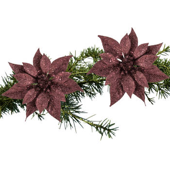 2x stuks kerstboom decoratie bloemen donkerrood glitter op clip 18 cm - Kersthangers