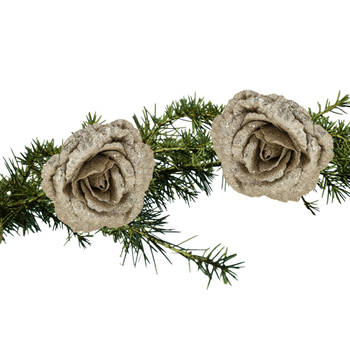 2x stuks kerstboom bloemen roos champagne glitter op clip 18 cm - Kersthangers