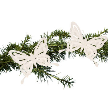 2x stuks kerstboom decoratie vlinders op clip glitter wit 14 cm - Kersthangers