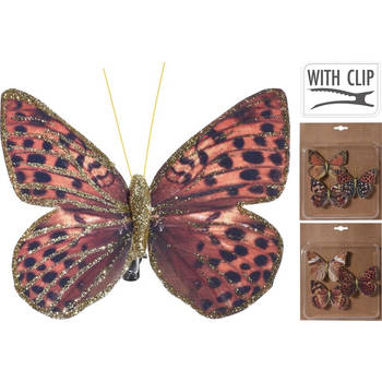 6x Kerstversieringen vlinders op clip rood/bruin/goud 10 cm - Kersthangers