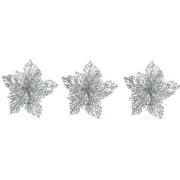 3x Kerstversieringen glitter kerstster zilver op clip 23 x 10 cm - Kersthangers