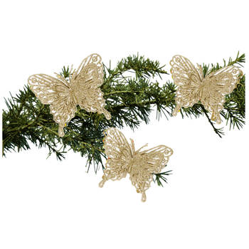 3x stuks kerstboom vlinders op clip glitter goud 11 cm - Kersthangers