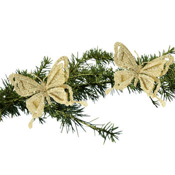 2x stuks kerstboom decoratie vlinders op clip glitter goud 14 cm - Kersthangers