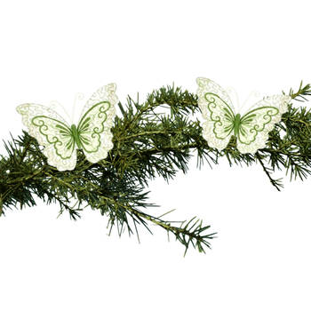 2x stuks kerstboom decoratie vlinders op clip glitter groen 34 cm - Kersthangers