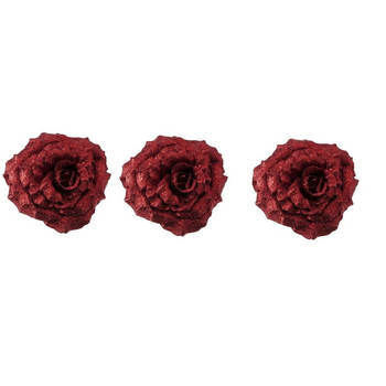 3x Kerstversieringen glitter roos rood op clip 18 cm - Kersthangers