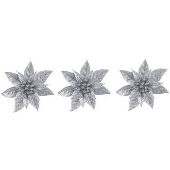 3x Kerstversieringen glitter kerstster zilver op clip 15 cm - Kersthangers